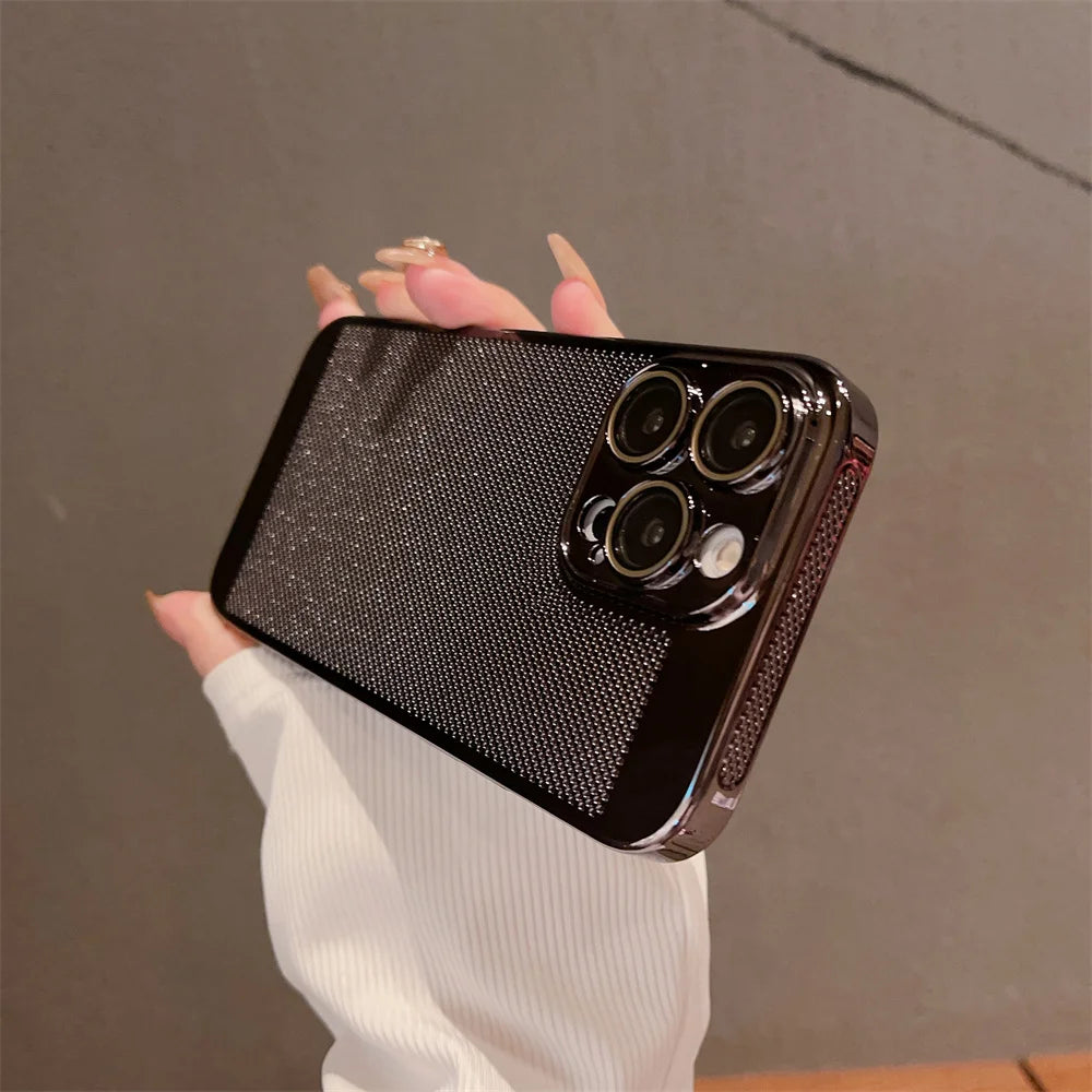 Luxury Plating Hollowed Out Case for iPhone 17 Pro 16 15 14 Pro Max Plus 13 12 Mini 11 17Air Heat Dissipation Shockproof Cover