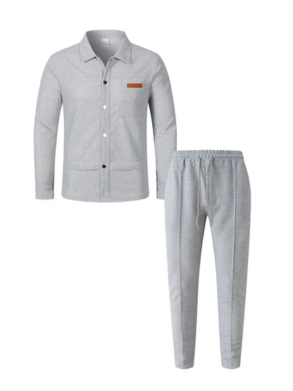 2026 Men's New Style Waffle Plain Color Collar Button-Down Pockets Long-Sleeved Pants Casual Jacket Set
