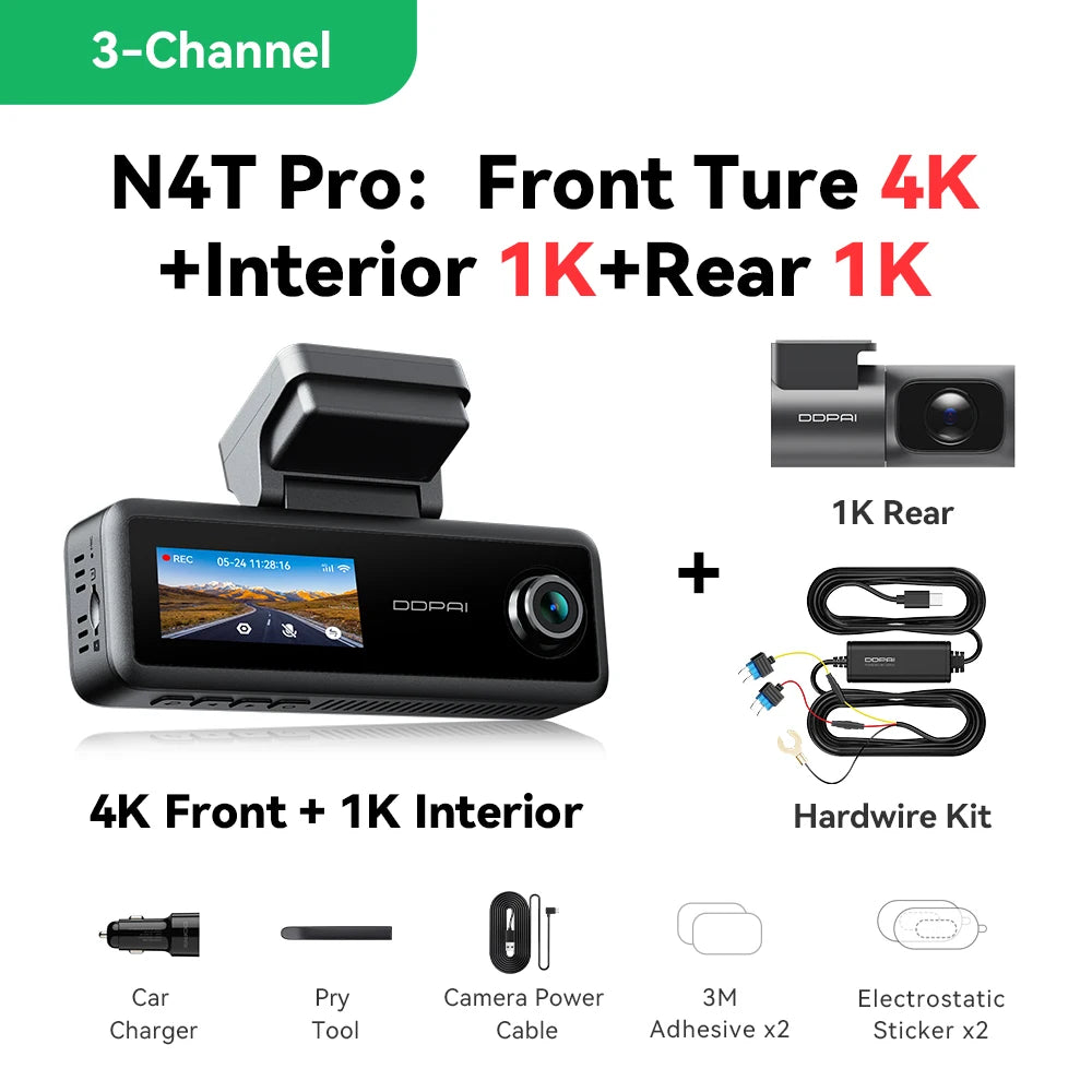 【New】DDPAI N4T Pro Dash Cam 3-Channel HDR 4K+1080P+1080P Front Rear Interior Night Vision ADAS DVR Support 4G Parking Monitoring