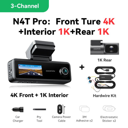 【New】DDPAI N4T Pro Dash Cam 3-Channel HDR 4K+1080P+1080P Front Rear Interior Night Vision ADAS DVR Support 4G Parking Monitoring