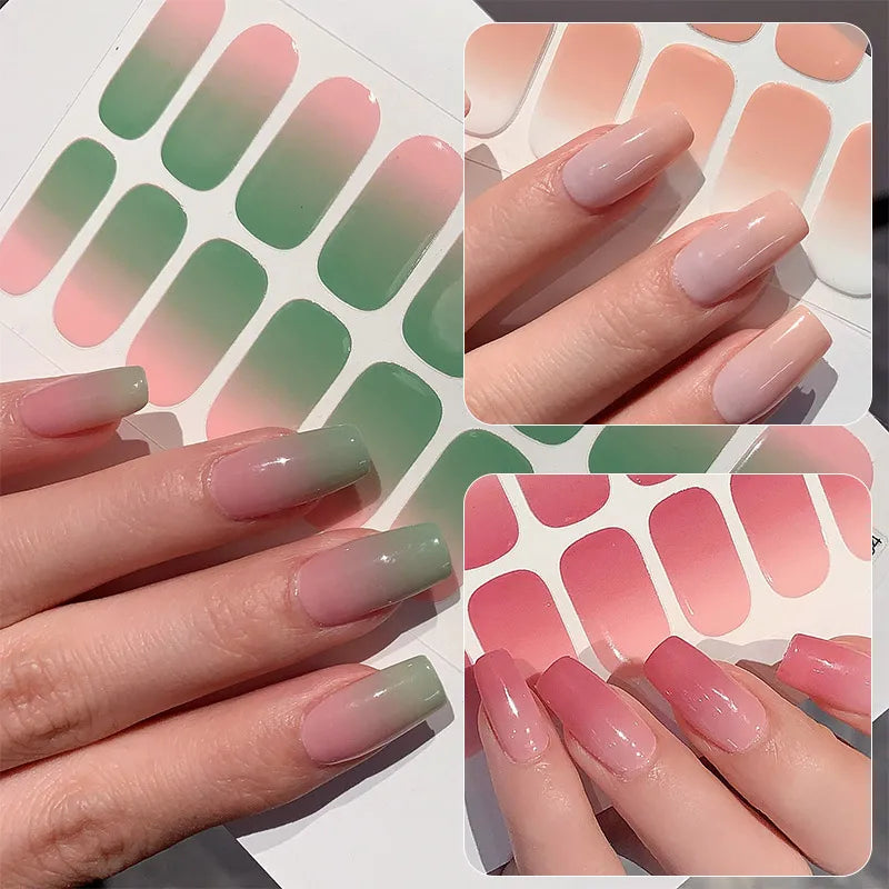 14/16Tips Full Cover Gradient Nail Stickers Multi Color Self Adhesive Slider No Need UV Lamp Cured Press ON Nail Decal