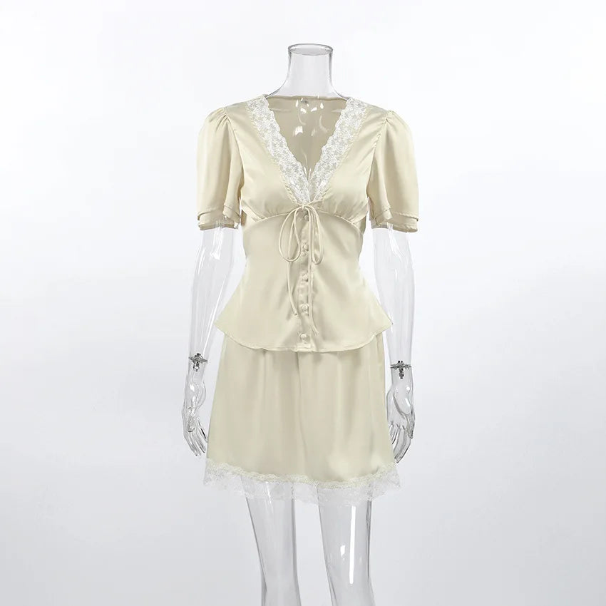 Elegant Satin Lace Patchwork Skirt Two-piece Set V Neck Short Sleeve Lace Up Tops Mini Skirts Suit 2026 New Party Daily Outfits