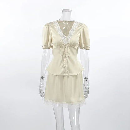 Elegant Satin Lace Patchwork Skirt Two-piece Set V Neck Short Sleeve Lace Up Tops Mini Skirts Suit 2026 New Party Daily Outfits