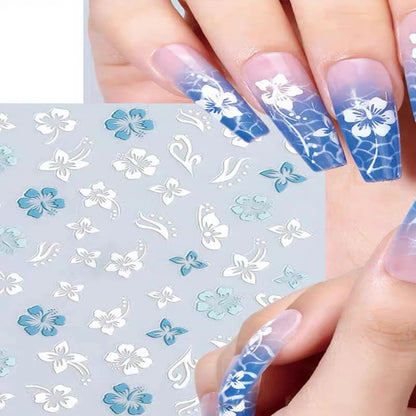 5D Hibiscus Flower Nail Embossed Sticker Lace Flower White Pink Petal Floral Self Adhesive Nail Art Slider DIY Elegant Romantic
