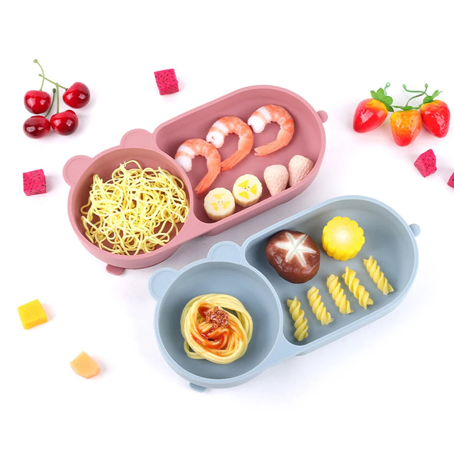 Baby Silicone Suction Cup Bowl Cute Bear Design Macaron Color 100% Food Grade Silicone BPA Free Double plate design for meals