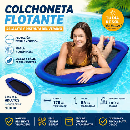 Inflatable adult floating mat 178x94cm integrated headrest breathable mesh durable PVC max load 110kg safety valve pool beach lake easy to inflate foldable summer