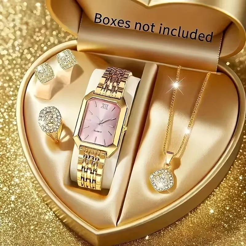 5PCS Womens Elegant Rectangle Rhinestone Quartz Watch Jewelry Set Fashion Women Watches Reloj Mujer Girl Clock Gift（Without Box）
