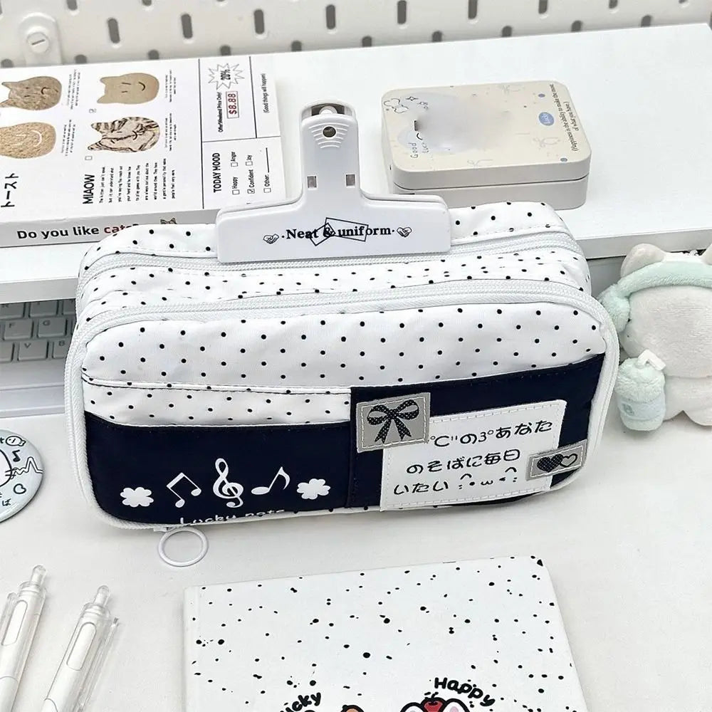 Multi-functional Black Polka Dot Pen Bag Large Capacity Multi-layer Pencil Case Portable Stationery Pouch Back To School