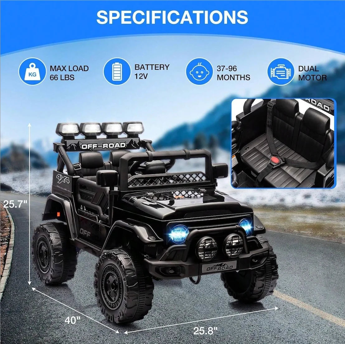 HAUSPROFI 12V Off-Road Ride-On Electric Car Toys for 3+ Years,With LED Lights,Remote Control,Seat Belt ,Bluetooth, 3-Speeds, Suspension