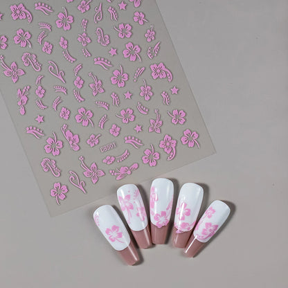 5D Hibiscus Flower Nail Embossed Sticker Lace Flower White Pink Petal Floral Self Adhesive Nail Art Slider DIY Elegant Romantic