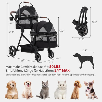 Dog Pushchair Foldable Pet Trolley with 2 Removable Dog Crate Bag for Two Small Dogs Cats Load Capacity Up To 15 Kg Per Level