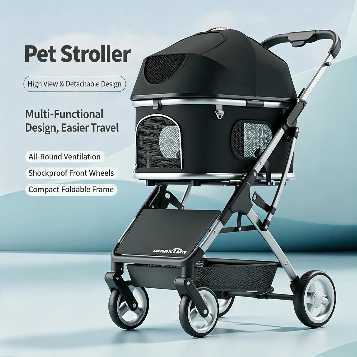 Aluminum Alloy Lightweight Pet Stroller Detachable Carrier One-Click Fold Shock Absorb Dog Cat Outdoor Travel Cart Wholesale
