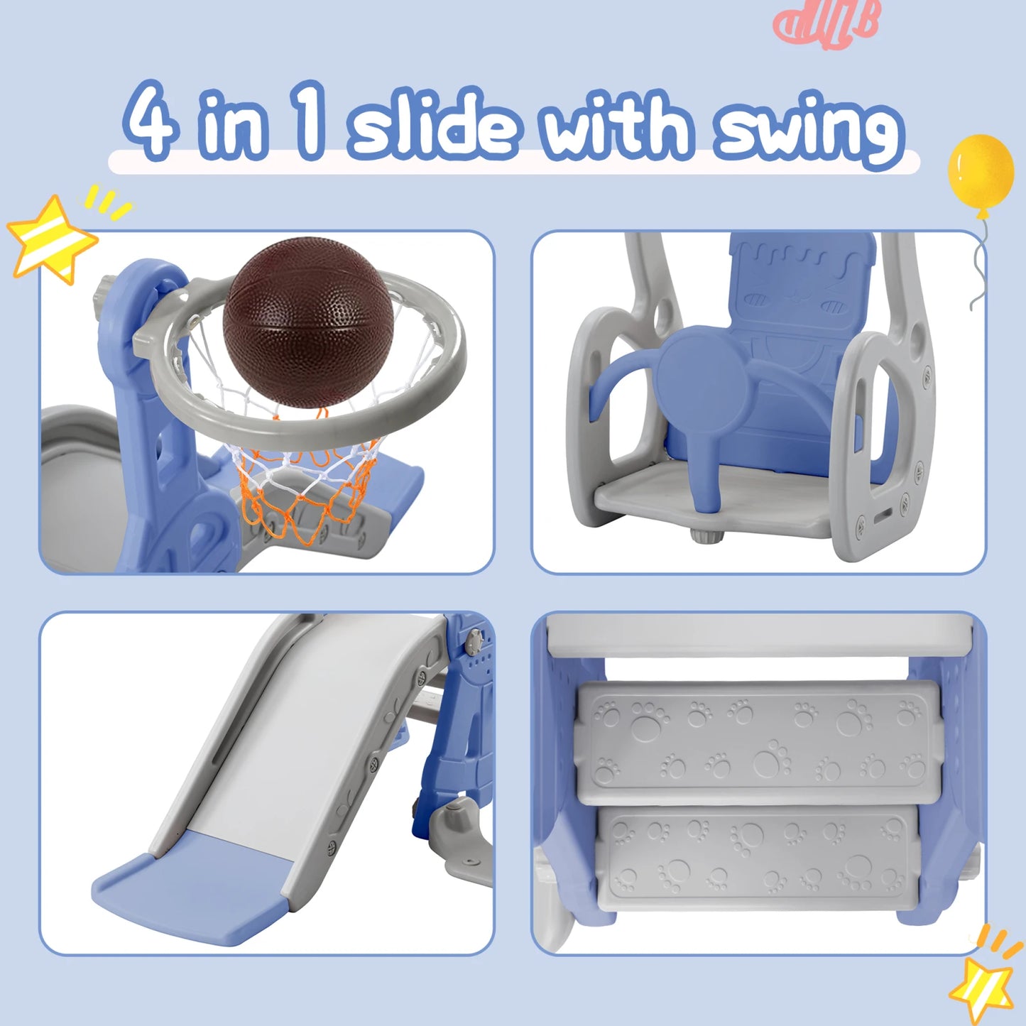 Kids 4-in-1 Slide and Swing Set, Toddler Playground with Basketball Hoop and Climbing Ladder, Indoor Outdoor Activity Center, HDPE Plastic Playset with Adjustable Swing Height, Anti-Slip Steps and Stable Base for Toddlers