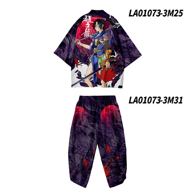 Large Size 5XL 6XL Japanese Kimono Cardigan Pants Set Print Fox Men Women Shirt Tradition Yukata Haori Obi Cosplay Costume