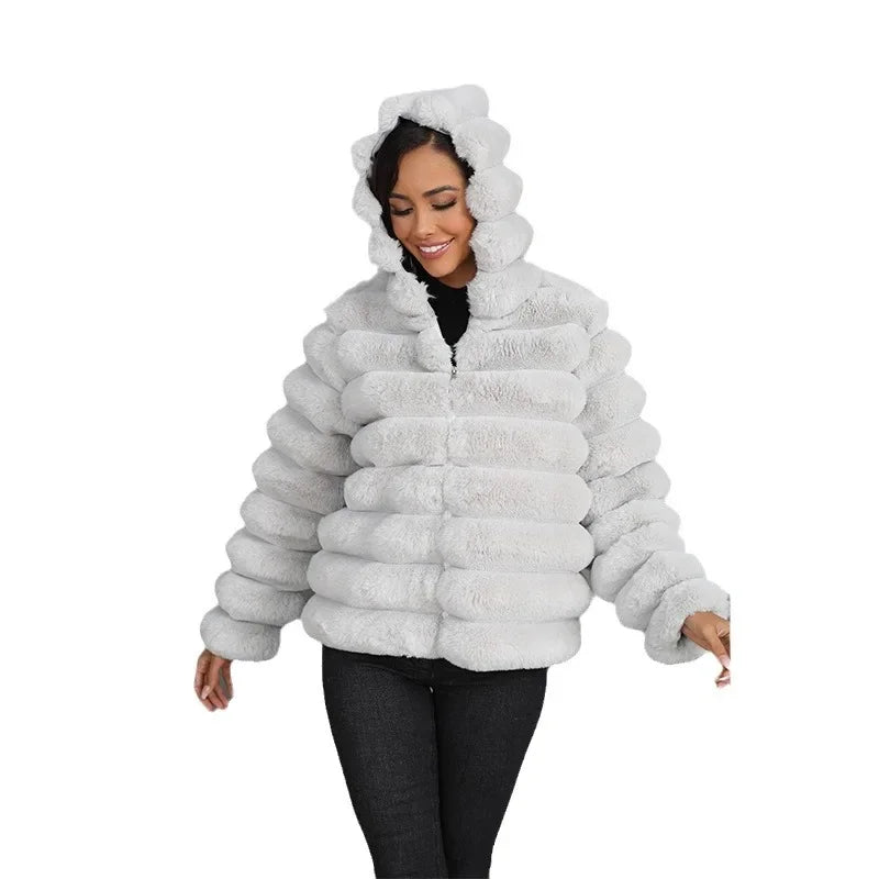 2026 Faux Fur Women Coats Hooded Full Sleeve Short Coat Zipper Thick Warm Solid Temperament Elegant Splice Autumn Winter