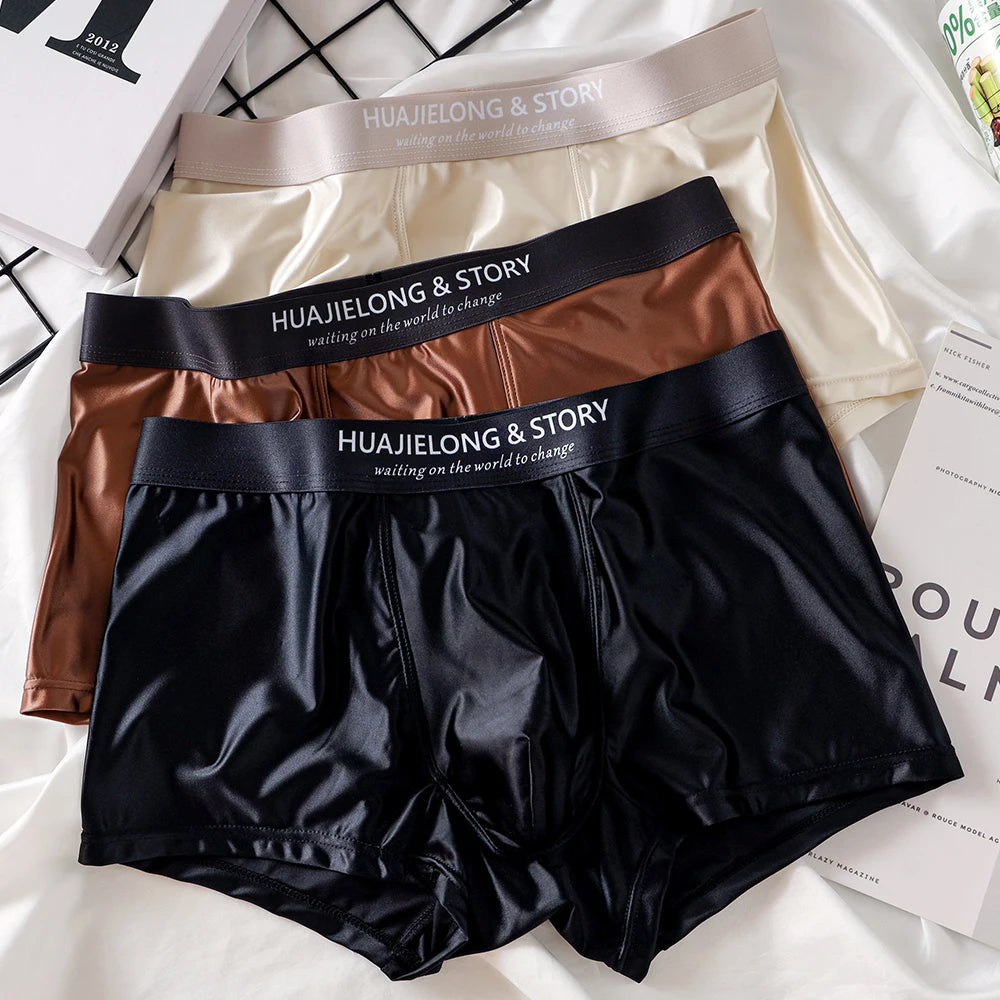 1/3Pcs Breathable Thin Satin Silk Boxer Briefs Seamless Mid Waist Ice Silk Boxers Underpants Smooth Underwear for Men Daily