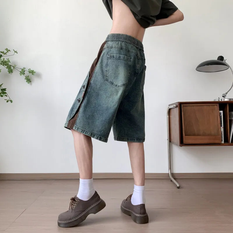 Mens Loose Fit Summer Denim Shorts Elastic Waist Washed Blue Side Personality Design Casual Comfortable Fashion Trendy Outdoor