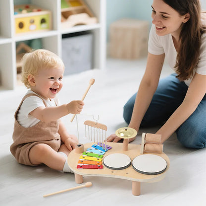 7 in 1 Wooden Toddler Musical Instrument Table Montessori Baby Percussion Toy Xylophone Drum Set Sensory Early Learning Play Gift for Kids 1‑4Y