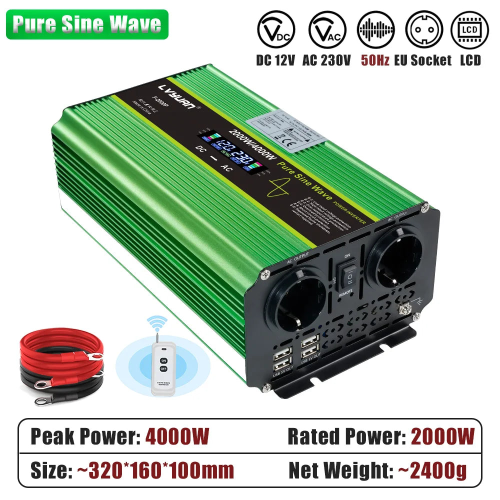 LVYUAN Pure Sine Wave Power Inverter 2000W 3000W 4000W DC 12V 24V to AC 230V LCD Remote Control 2 EU Sockets USB Home RV Solar