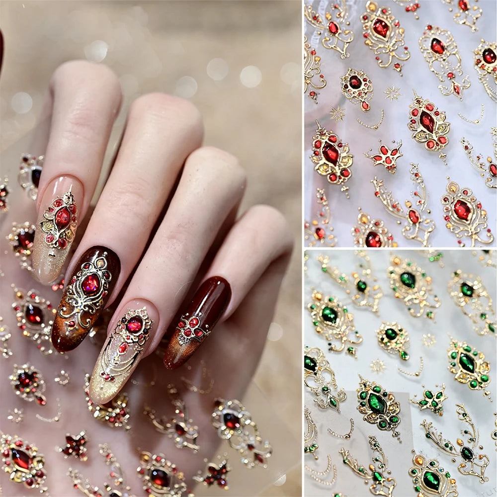 5D Embossed Emerald Gemstones Nail Art Stickers Luxury Golden Frame Baroque Flower Nail Decals Green Rhinestones Nail Supplies