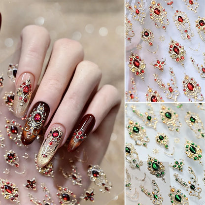 5D Embossed Emerald Gemstones Nail Art Stickers Luxury Golden Frame Baroque Flower Nail Decals Green Rhinestones Nail Supplies