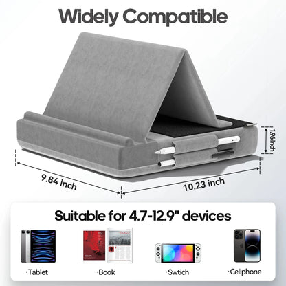 Upgraded Tablet Pillow Stand Multi-Angle Viewing Ipad Holder for Lap Bed and Desk Foldable Soft Pad Dock with Stylus Mount