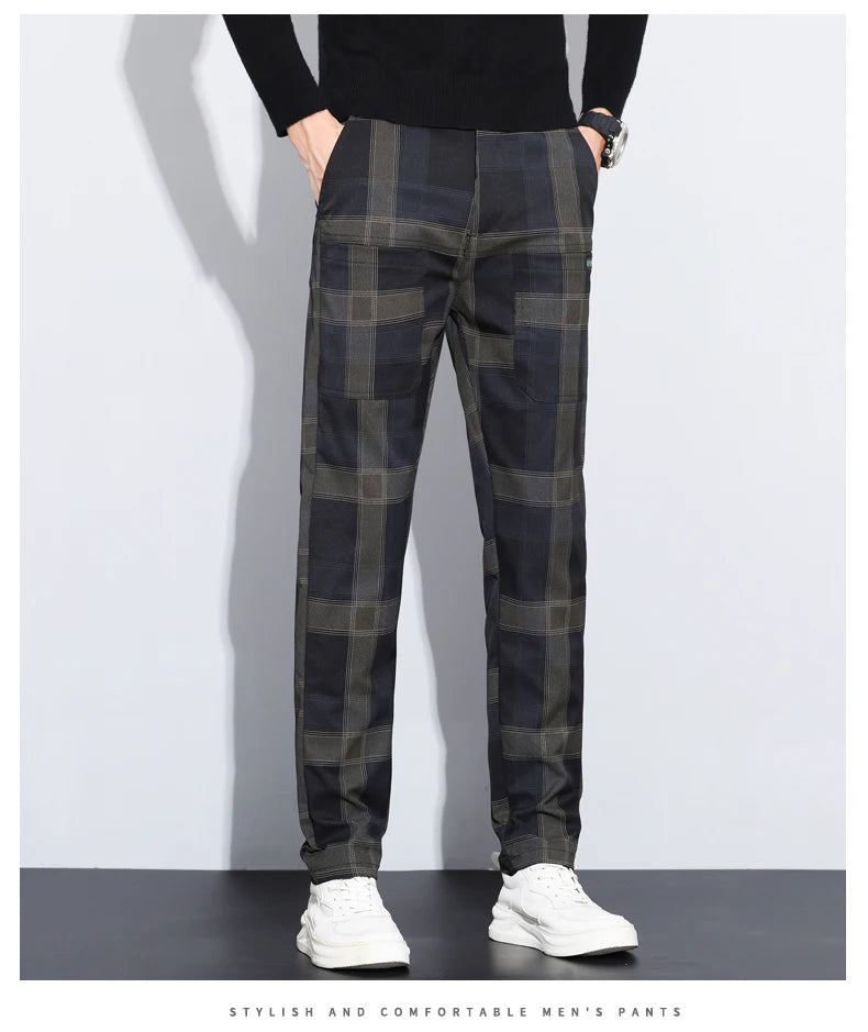 Autumn Winter Luxury Plaid Check Pattern Casual Pants Men Thick Business Elastic Waist Slim Fit Korean Pocket Long Trousers Male