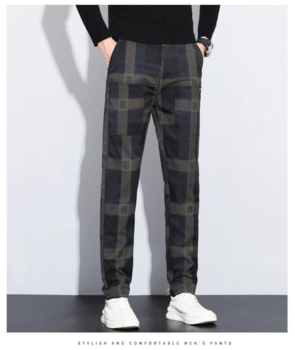 Autumn Winter Luxury Plaid Check Pattern Casual Pants Men Thick Business Elastic Waist Slim Fit Korean Pocket Long Trousers Male