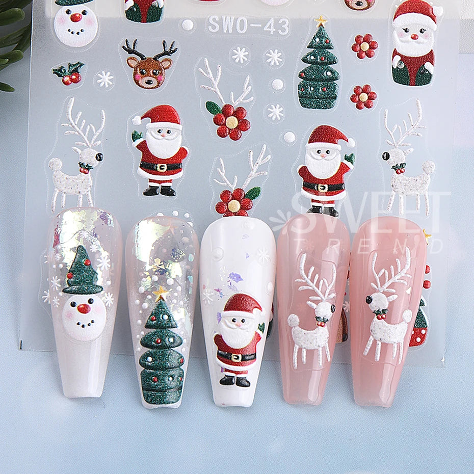 5D Embossed Christmas Nail Stickers Gingerbread Man Snowflake Snowman Penguin Nail Decal Autumn Winter Nail Supplies Decoration