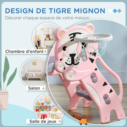 Children’s slide, indoor children’s slide, with a basketball hoop, tiger theme, for 18 to 36 months, pink