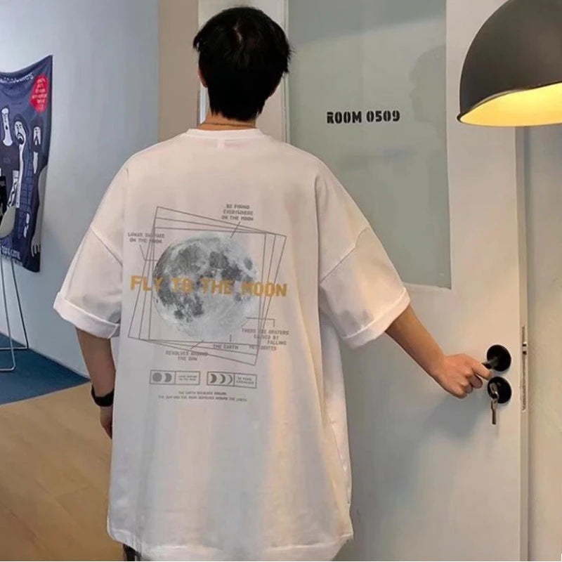 30kg To 120kg Korean Style Lazy Feeling Wearing Moon Pattern T-shirt Daily Basic Top Casual Versatile Shirt