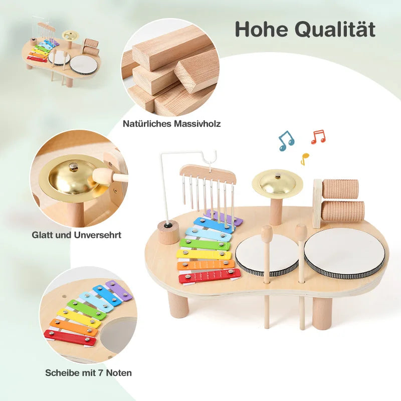 7 in 1 Wooden Toddler Musical Instrument Table Montessori Baby Percussion Toy Xylophone Drum Set Sensory Early Learning Play Gift for Kids 1‑4Y