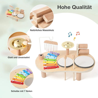 7 in 1 Wooden Toddler Musical Instrument Table Montessori Baby Percussion Toy Xylophone Drum Set Sensory Early Learning Play Gift for Kids 1‑4Y