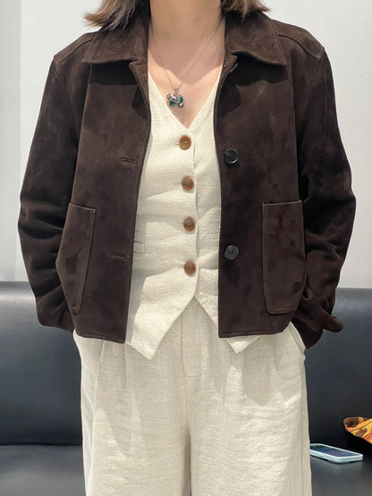 European Imported Kid Suede Leather Jacket for Woman High Grade Turn Down Collar Pocket Short Cropped Coat Long Sleeve Top Mujer