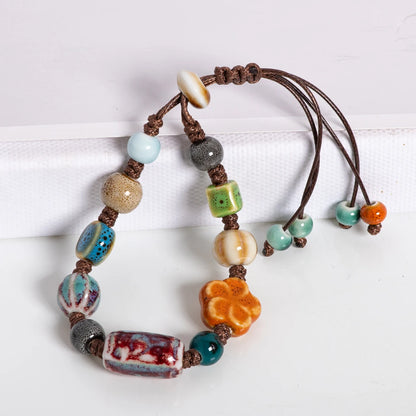 Handmade Ceramic Beaded Bracelet Adjustable Boho Woven Jewelry Vintage Ethnic Style Gift for Women Fashion Accessories S02-035