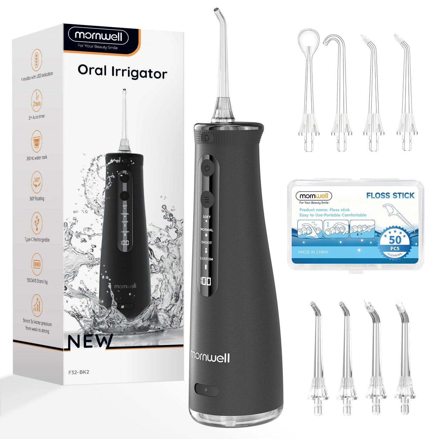 Mornwell F32 Water Floss Oral Teeth Whitening Home Appliance Sonic Water Flosser 260ML Tank Teeth Cleaner Oral Water Jet