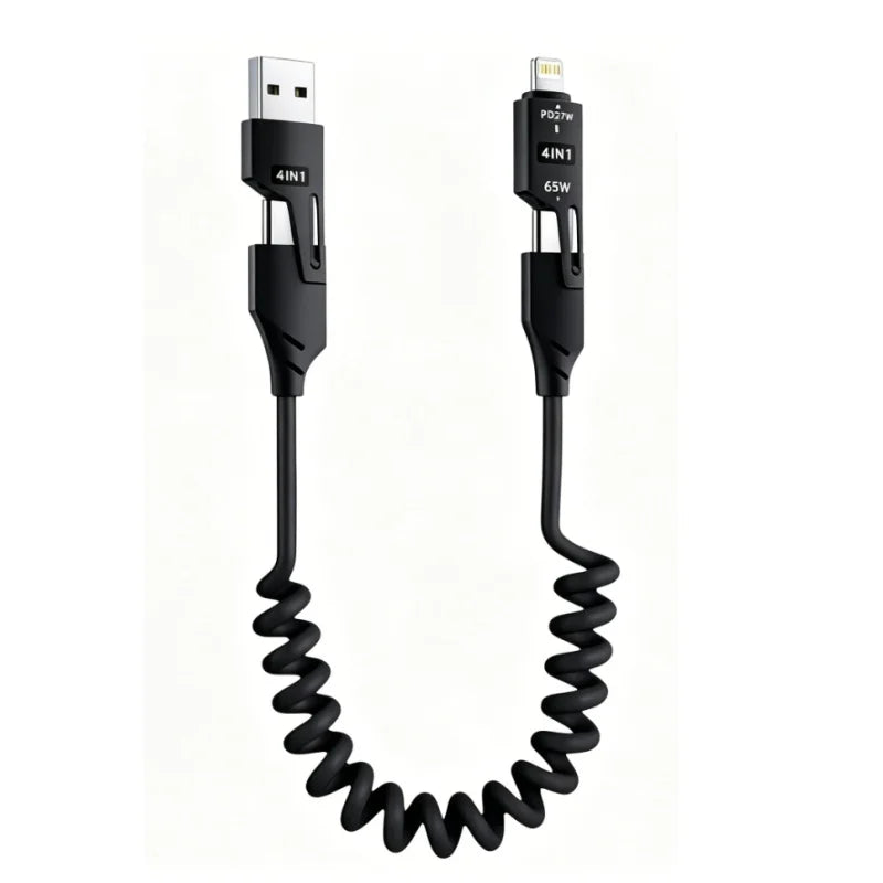 4 in 1 65W Spring Short Data Cable 6A USB Type C Spring Telescopic Quick Charger Wire Spring USB Cable for iPhone 15 14 13 12