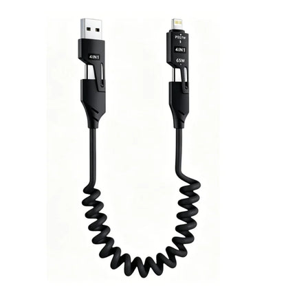 4 in 1 65W Spring Short Data Cable 6A USB Type C Spring Telescopic Quick Charger Wire Spring USB Cable for iPhone 15 14 13 12