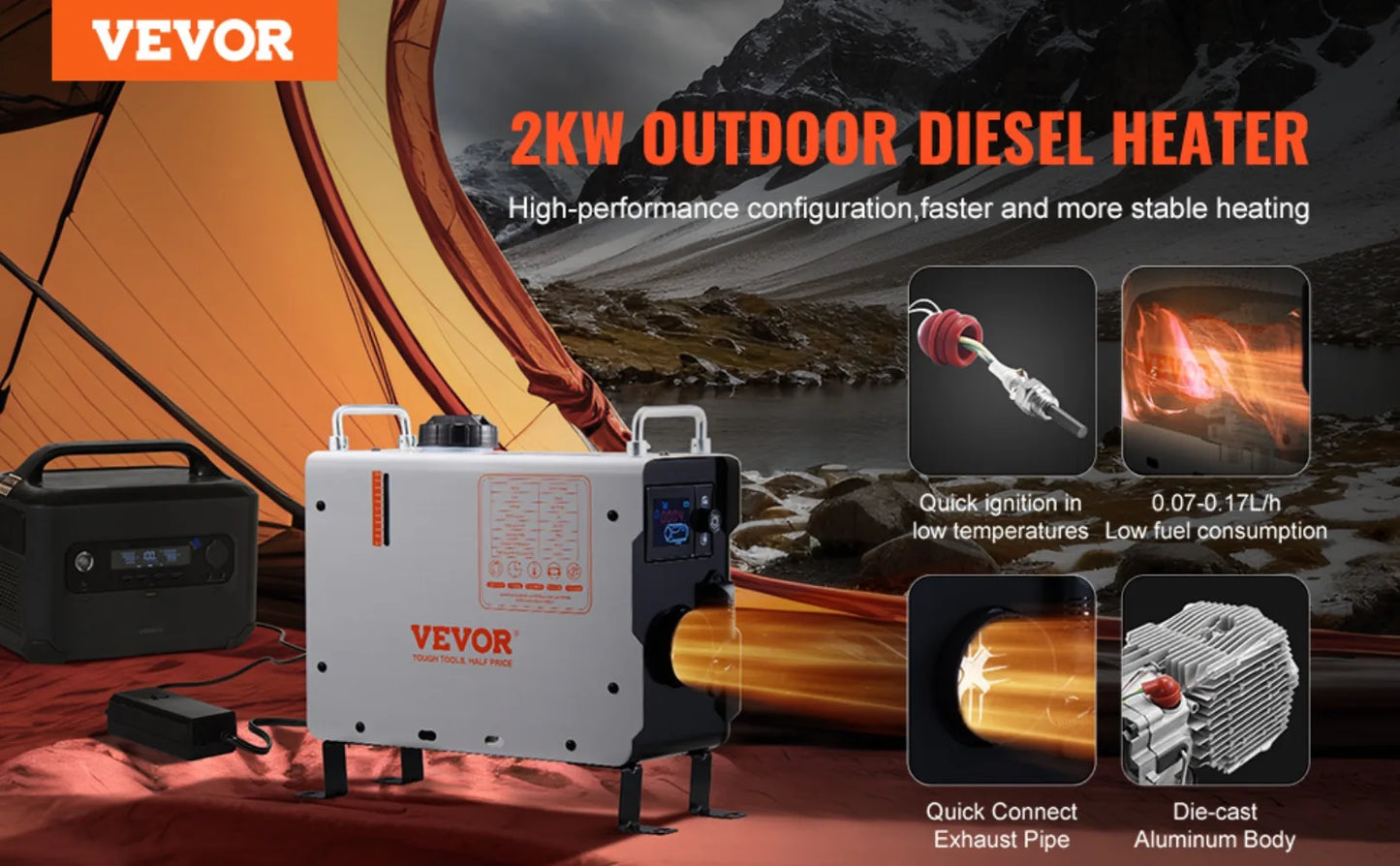 2KW Diesel Heater, 12V/24V All in One Diesel Air Heater, with Bluetooth APP Control, Remote Control and Display Screen, CO Alarm, Fast Heating Portable Diesel Heater for Vehicles and Outdoors