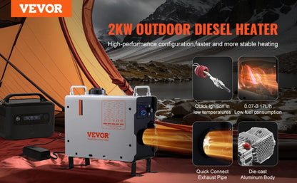 2KW Diesel Heater, 12V/24V All in One Diesel Air Heater, with Bluetooth APP Control, Remote Control and Display Screen, CO Alarm, Fast Heating Portable Diesel Heater for Vehicles and Outdoors