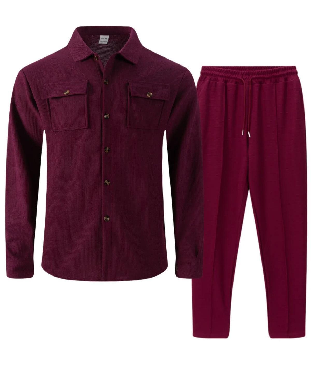 New autumn style waffle long-sleeved solid-color double-pocket buttoned cardigan shirt and pants set