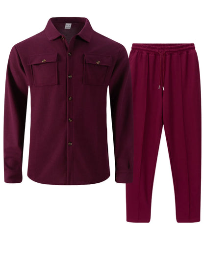 New autumn style waffle long-sleeved solid-color double-pocket buttoned cardigan shirt and pants set