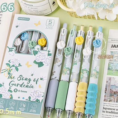 5Pcs Creative Rose Series 0.5mm Gel Pen Set Ultra Soft Silicone Pen Grip Quick-Drying Ink Pen Office Signature Pen
