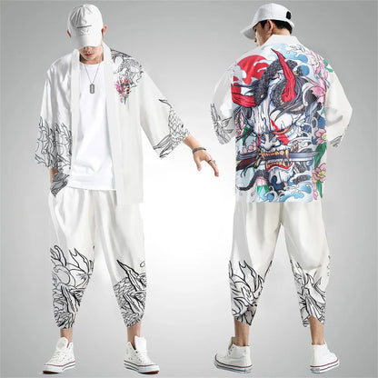 Large Size 5XL 6XL Japanese Kimono Cardigan Pants Set Print Fox Men Women Shirt Tradition Yukata Haori Obi Cosplay Costume