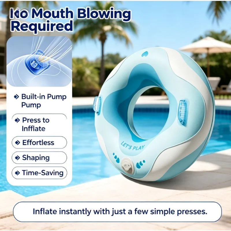 No Mouth Blowing Swimming Tube with Integrated Pump - Press to Inflate in Seconds! 2 Colors (Blue/Green) for Pool, Beach & Lake