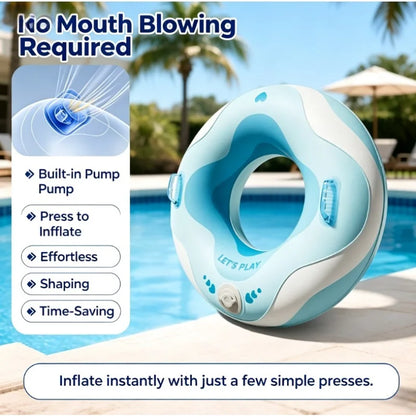 No Mouth Blowing Swimming Tube with Integrated Pump - Press to Inflate in Seconds! 2 Colors (Blue/Green) for Pool, Beach & Lake