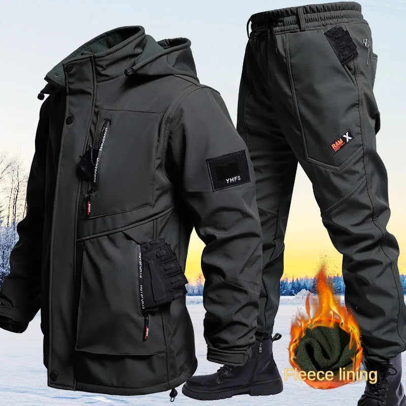Autumn And Winter Solid Color Hooded And Velvet Assault Set Outdoor Labor Protection Suit Casual Mountaineering Work Suit