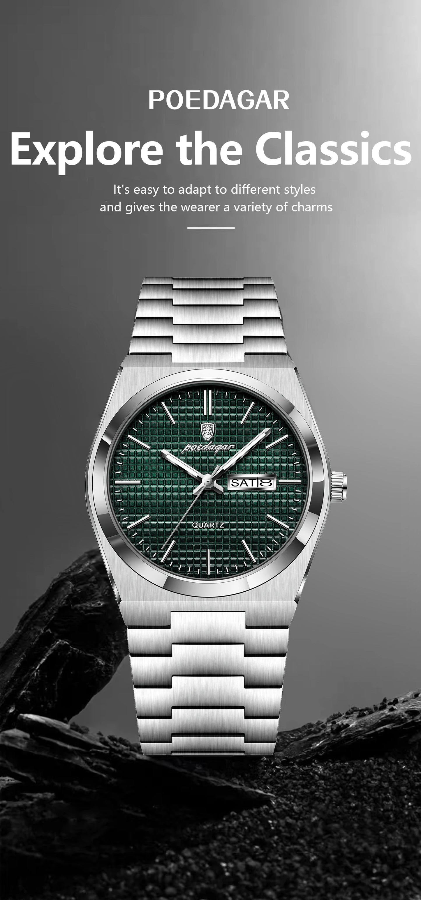 POEDAGAR Luxury Original Man Watch Waterproof Stainless Steel Luminous Men's Wristwatch Date Week Quartz Fashion Watches For Men