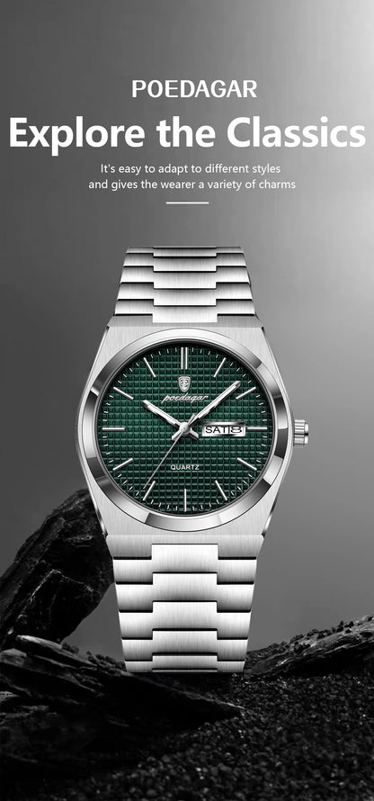 POEDAGAR Luxury Original Man Watch Waterproof Stainless Steel Luminous Men's Wristwatch Date Week Quartz Fashion Watches For Men
