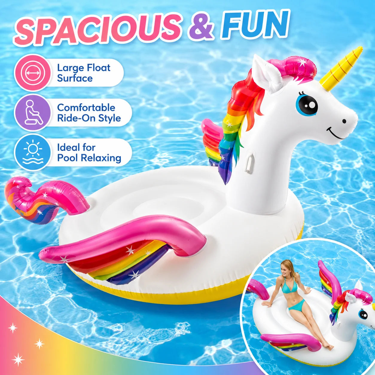 INTEX Mega Unicorn Inflatable Pool Float Large Ride-On Swimming Island Rainbow Unicorn Water Lounger for Adults Summer Pool Party
